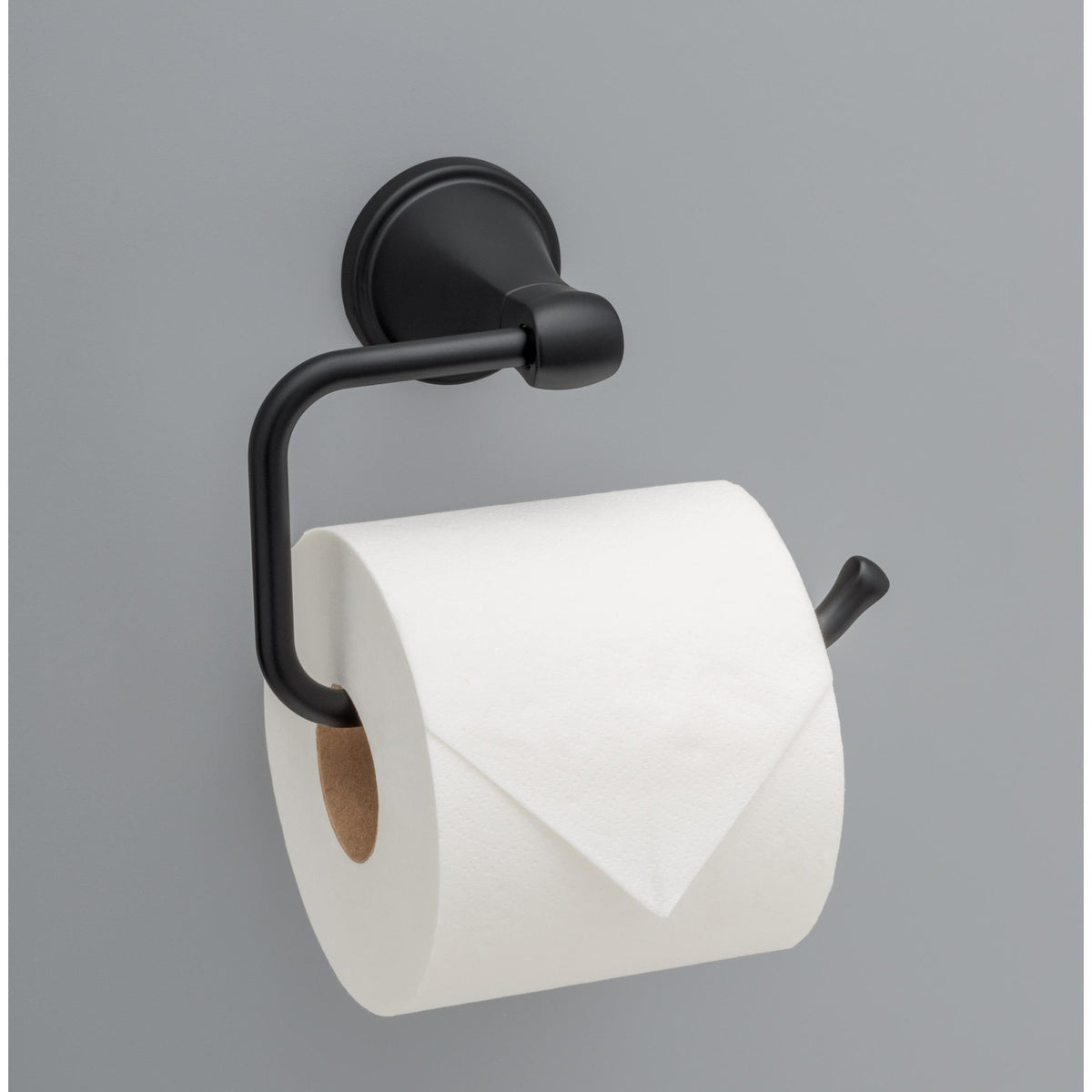 DELTA Becker toilet paper holder, side view highlighting wall-mount setup