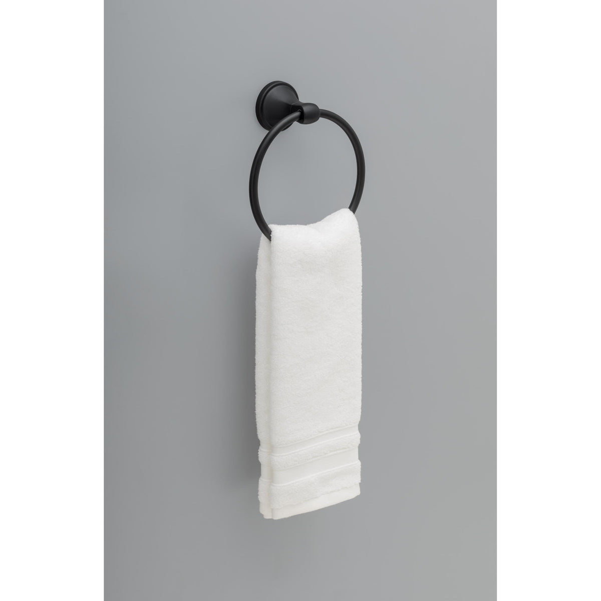 Delta Becker towel ring matte black finish close-up showing durable metal