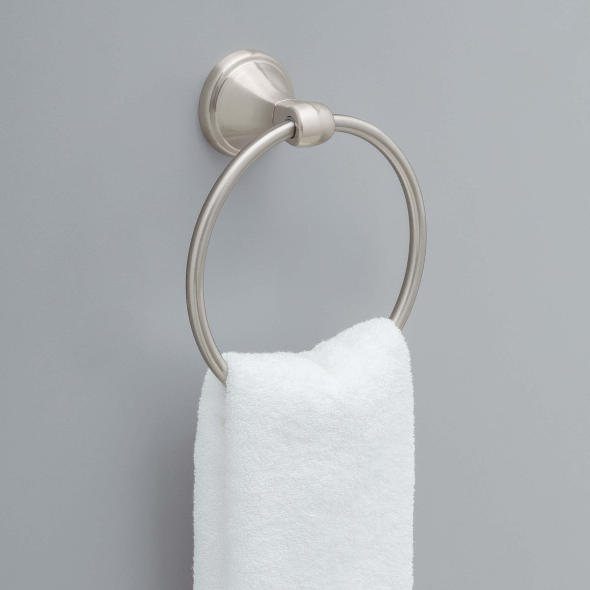 Delta Becker towel ring in SpotShield brushed nickel resists water spots.