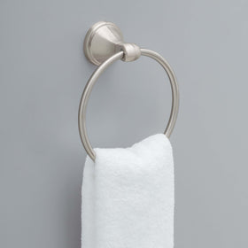 Delta Becker towel ring in SpotShield brushed nickel resists water spots.