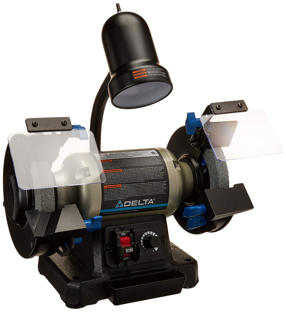 Delta 6-inch bench grinder left view with variable speed control for versatile sharpening