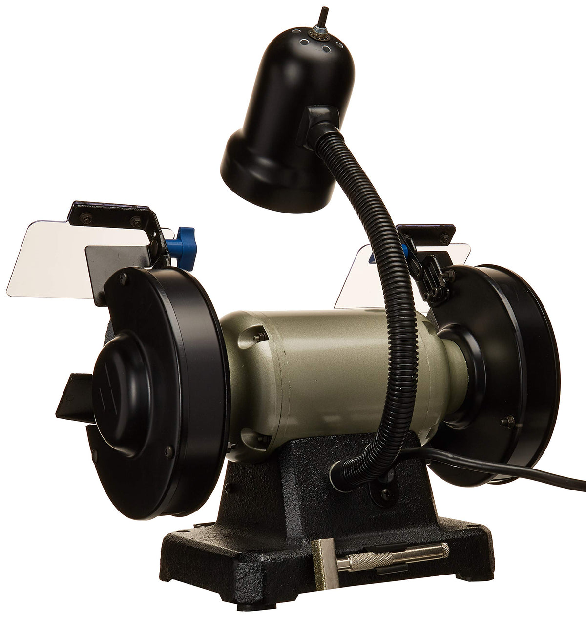 Delta 6-inch bench grinder right view highlighting two grit wheels for sharpening and grinding