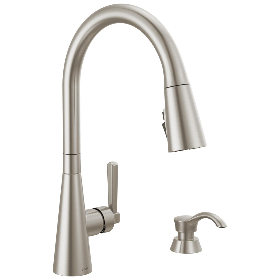 Delta Boyd kitchen faucet with pull-down sprayer in Brushed Nickel for effortless cleaning
