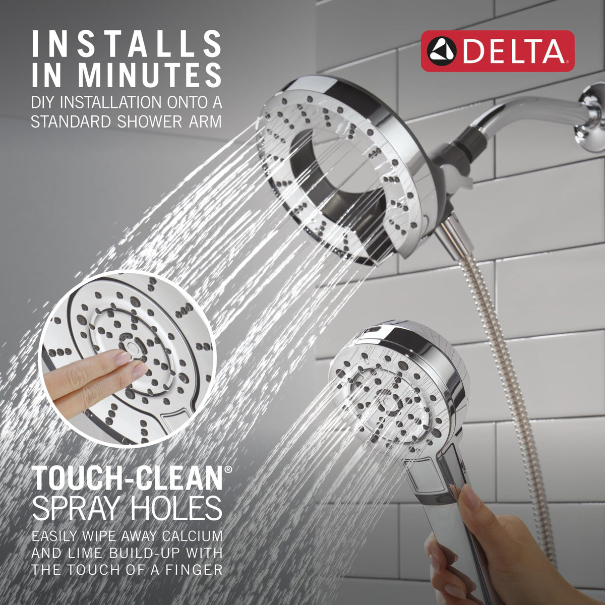 Delta Brilliance corrosion-resistant finish maintains chrome shine.