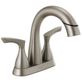 Delta Broadmoor centerset brushed nickel faucet for a clean modern bathroom