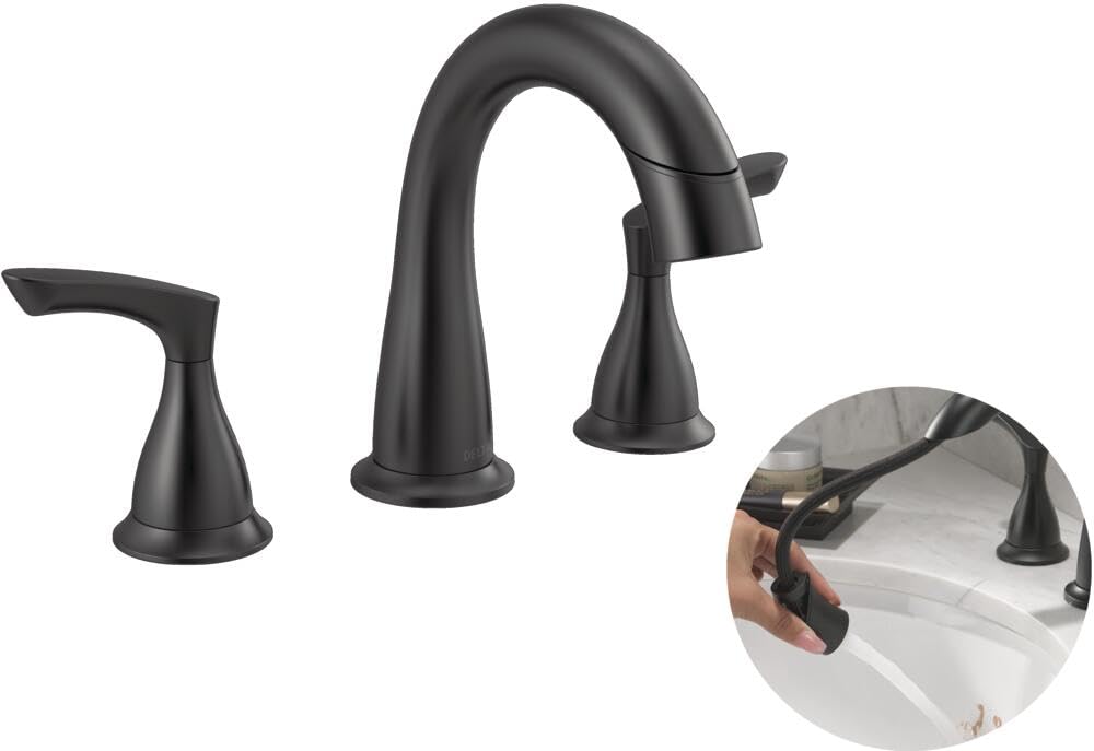 Delta Broadmoor matte black faucet with 8-inch widespread installation and 3-hole compatibility.