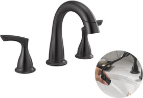 Delta Broadmoor matte black faucet with 8-inch widespread installation and 3-hole compatibility.