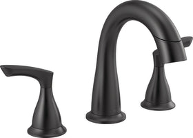Delta Broadmoor matte black faucet, angle view, highlighting modern design and compact footprint.