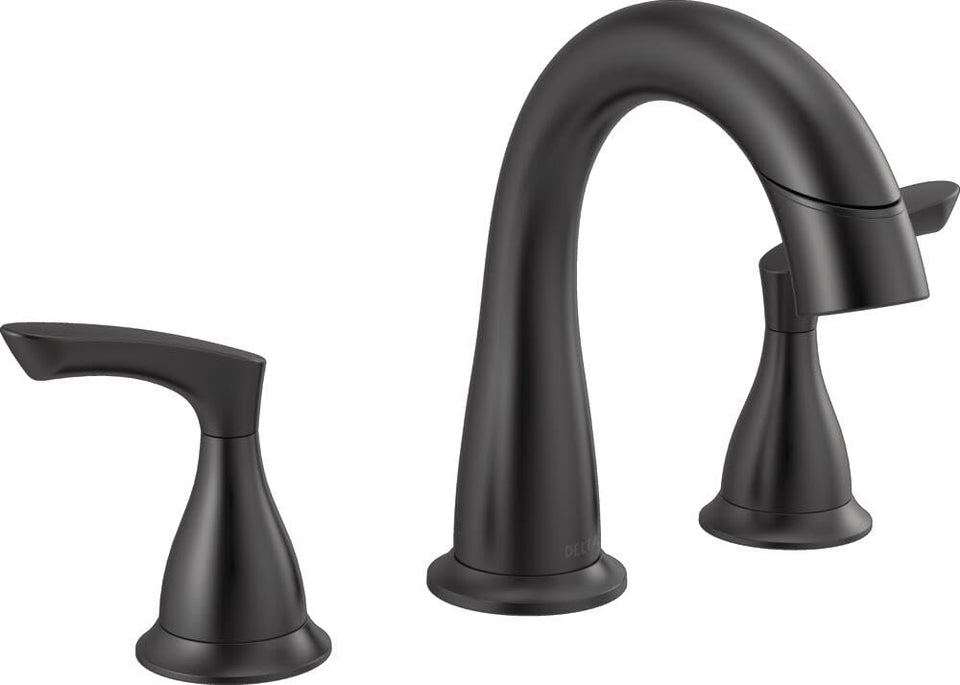 Delta Broadmoor matte black faucet, angle view, highlighting modern design and compact footprint.