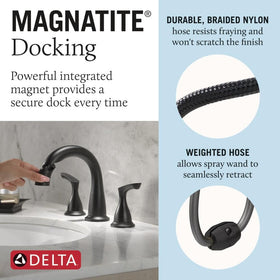 Delta Broadmoor matte black faucet, warranty label visible, lifetime assurance.