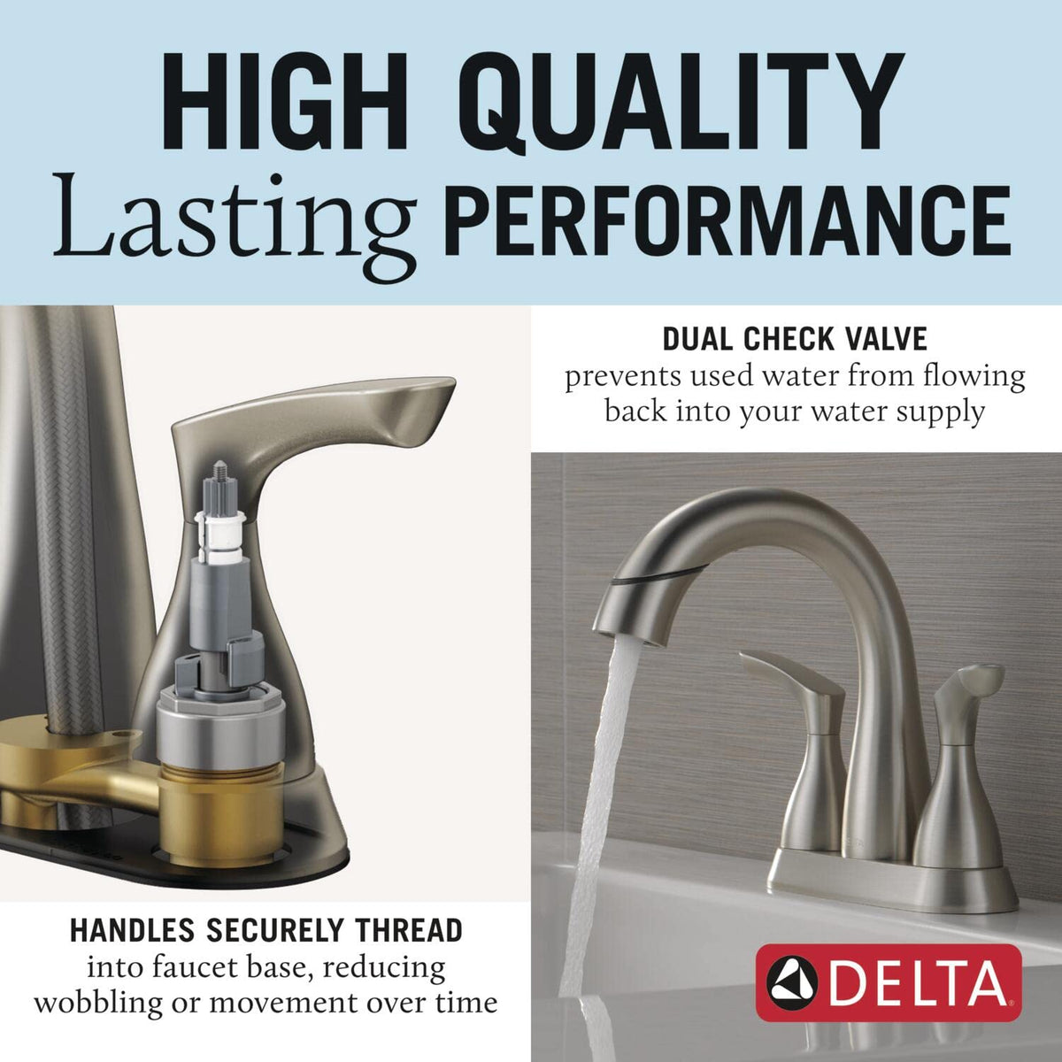 Delta Broadmoor push-pop drain simplifies cleaning and hair removal