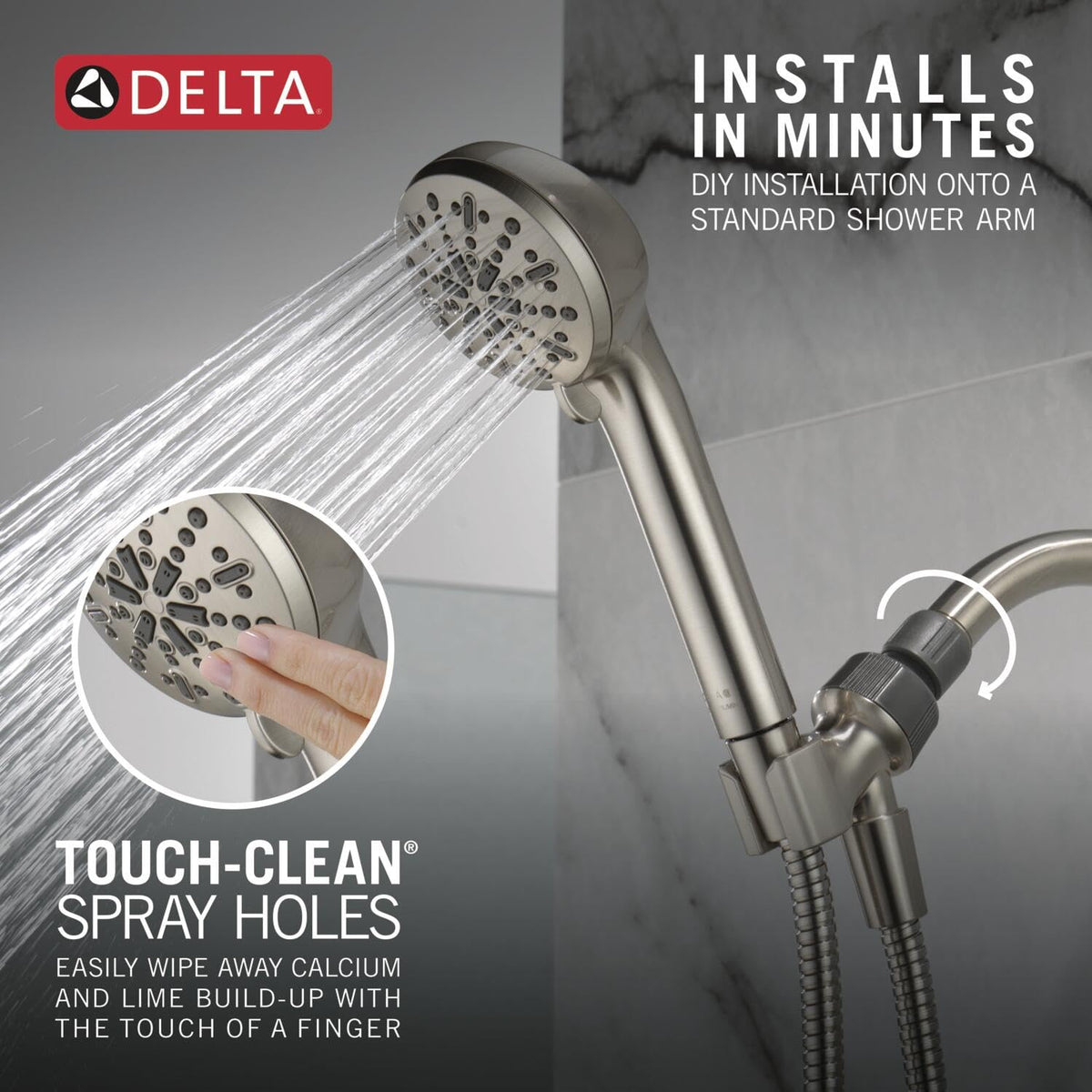 Delta brushed nickel finish detail adds modern bathroom style.