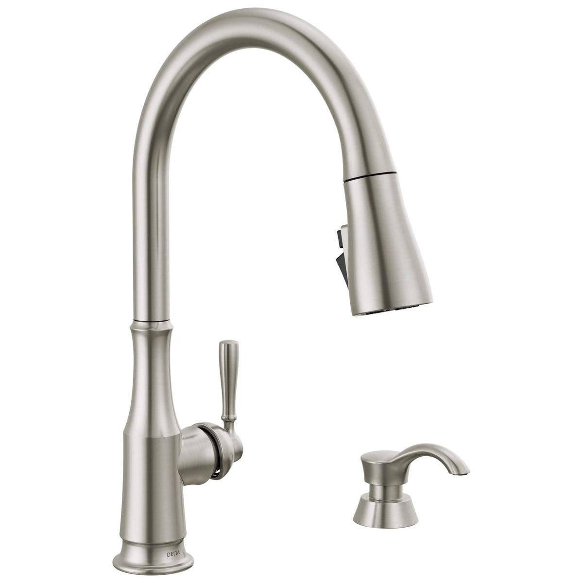 Delta Capertee brushed nickel faucet with pull-down sprayer for versatile kitchen cleaning