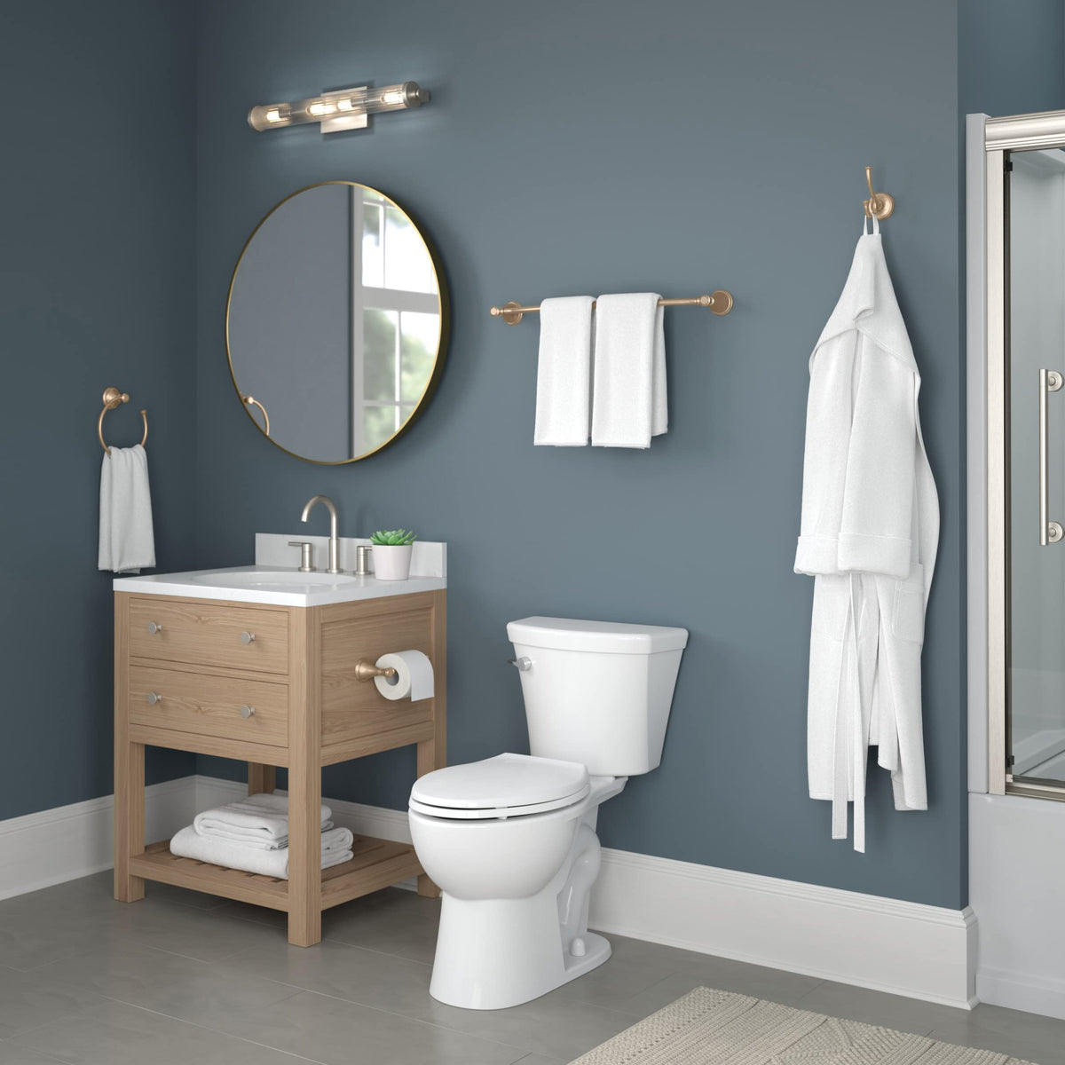 Front view of Delta Cassidy toilet paper holder for easy roll access.