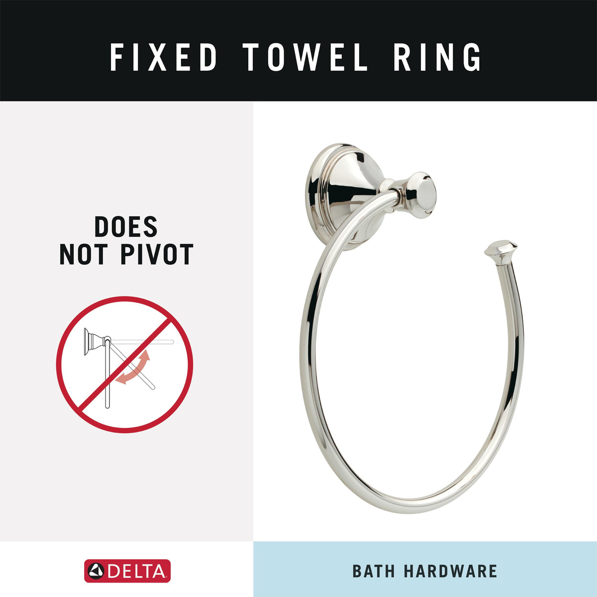 Delta Cassidy wall-mounted towel ring in polished nickel keeps towels within reach
