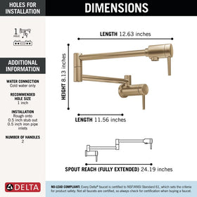 Delta champagne bronze pot filler shows ceramic disc valve for smooth operation