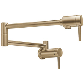 Delta champagne bronze pot filler wall-mount extended reach for easy stovetop filling