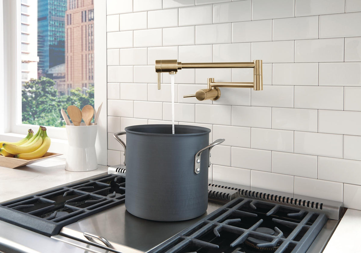 Delta champagne bronze pot filler wall-mount compact when retracted saving space