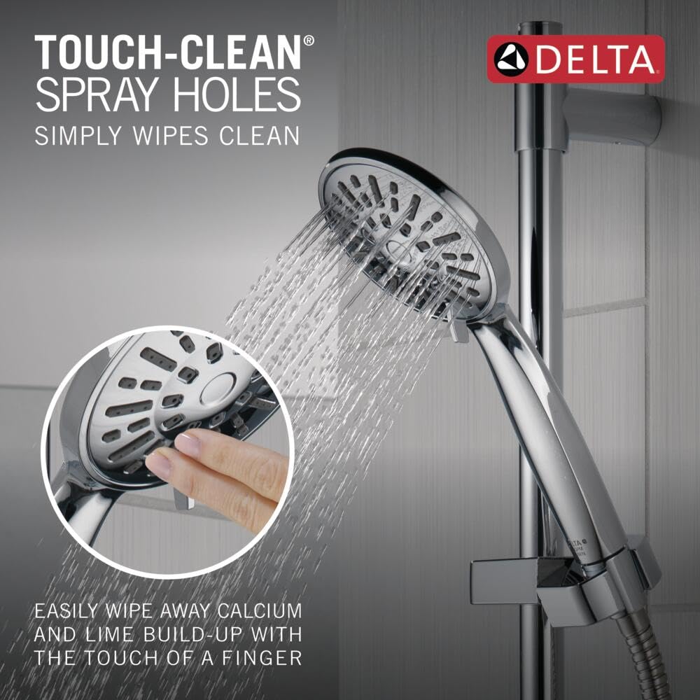 Delta chrome slide bar offers adjustable height for family use.