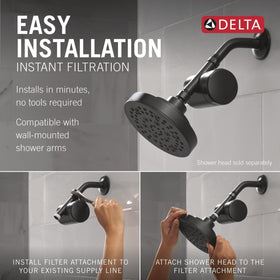 Delta Clarifi matte black shower filter mounted on the wall