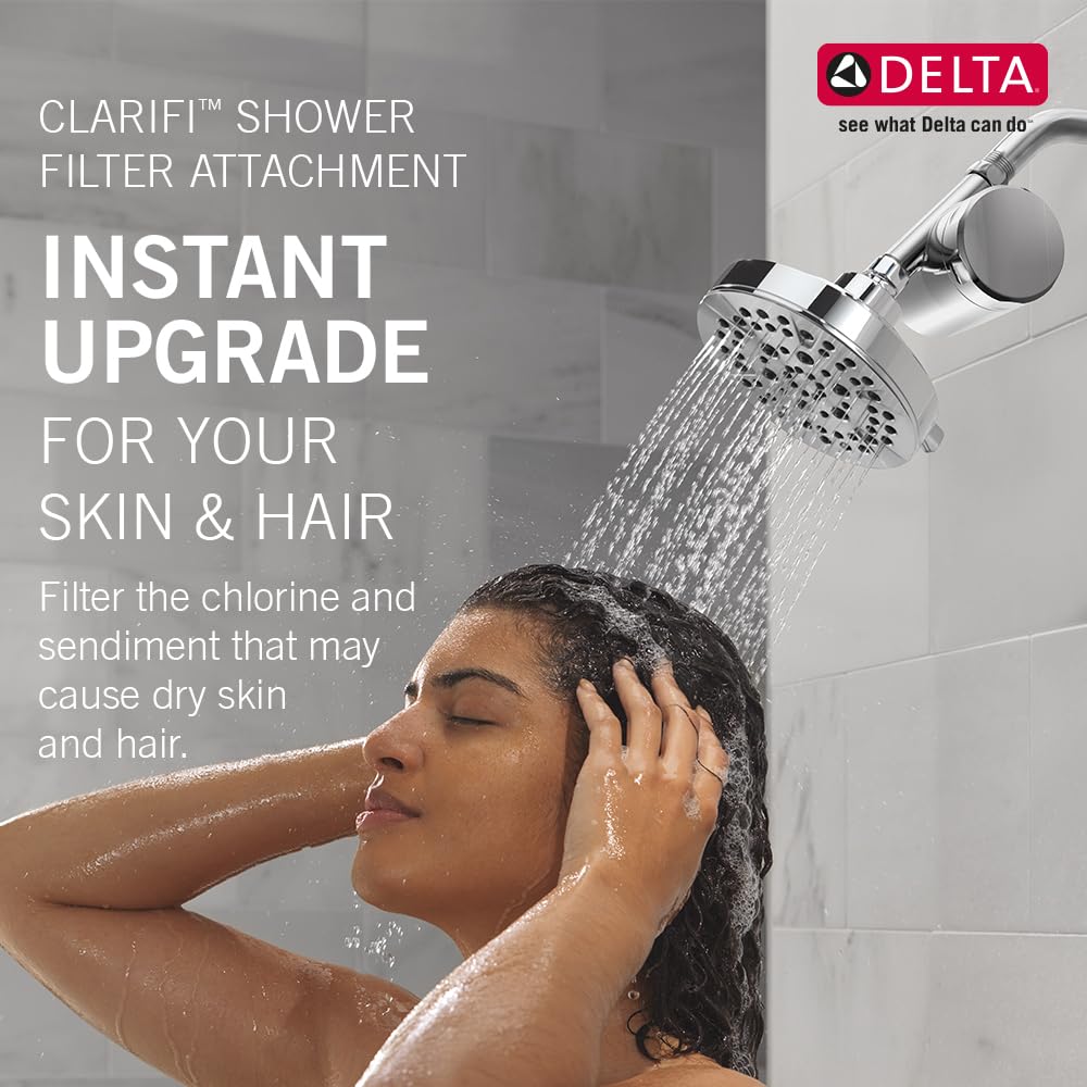 Delta Clarifi shower attachment installed on a modern shower head.