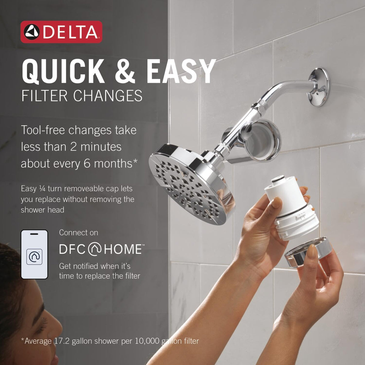 DELTA Clarifi shower filter attachment filter cartridge emphasizes lasting filtration performance.