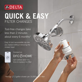 DELTA Clarifi shower filter attachment filter cartridge emphasizes lasting filtration performance.