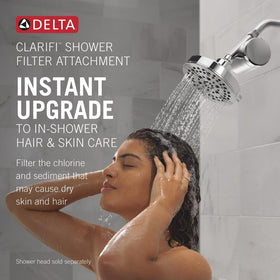 DELTA Clarifi shower filter attachment installation step demonstrates easy, tool-free setup.