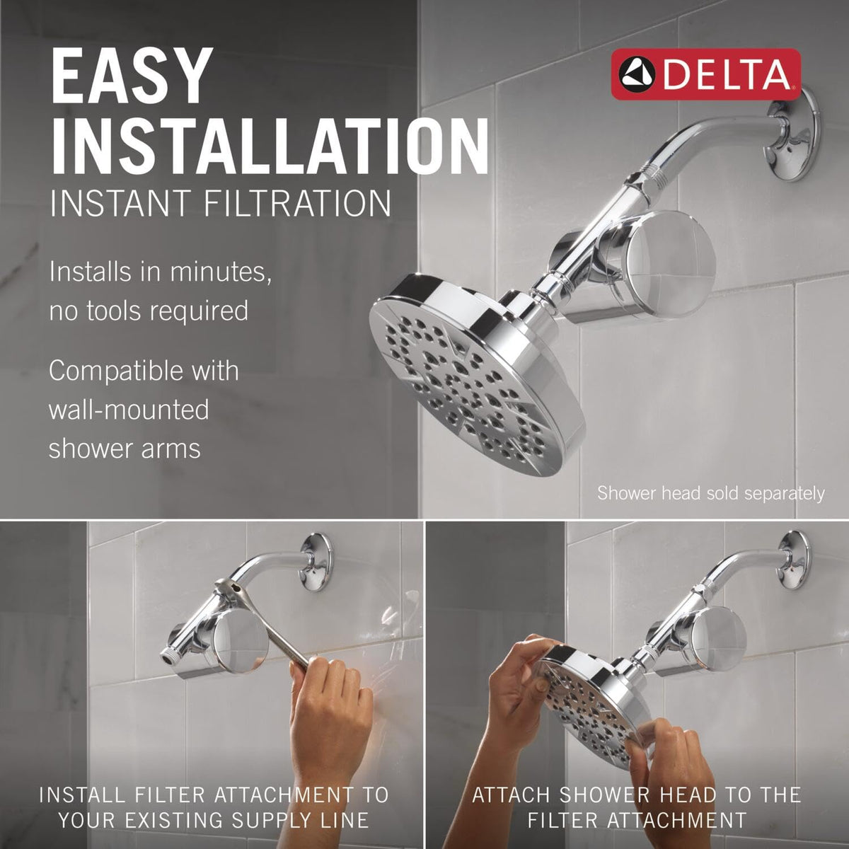 DELTA Clarifi shower filter attachment water flow demonstrates improved water quality and feel.