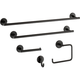 Close-up of Delta matte black finish on towel holder