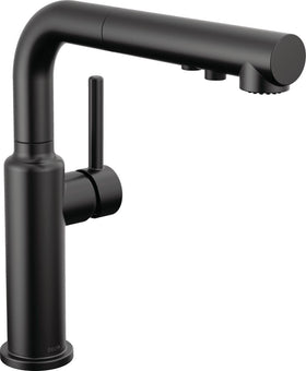 Delta Daneri matte black faucet with pull-out sprayer for flexible kitchen tasks.