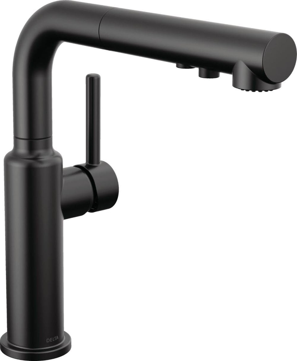 Delta Daneri matte black faucet with pull-out sprayer for flexible kitchen tasks.