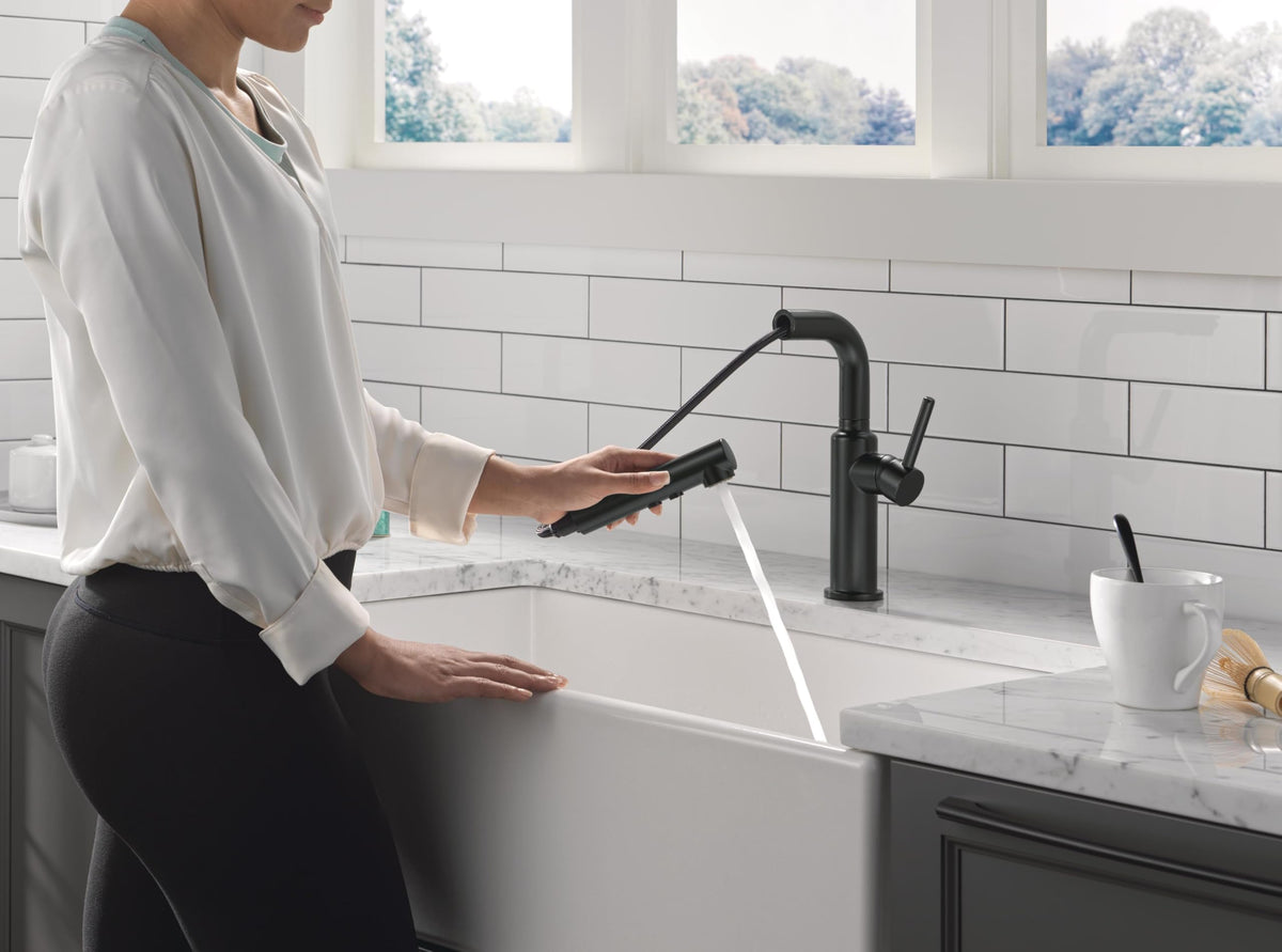 Delta Daneri matte black faucet with single-hole design for easy installation.