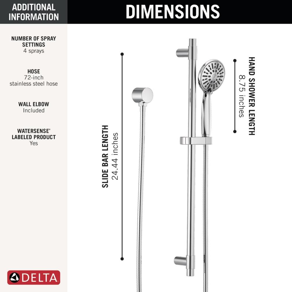 Delta detachable shower head with Touch-Clean spray holes for quick cleaning.