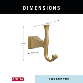 Delta Dryden towel hook with towel demonstrates convenient hanging use case.