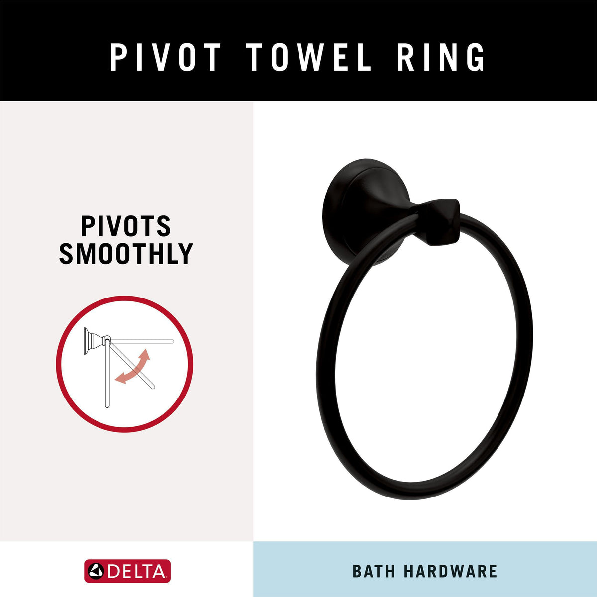 Delta Esato bathroom towel ring closeup highlighting corrosion-resistant finish