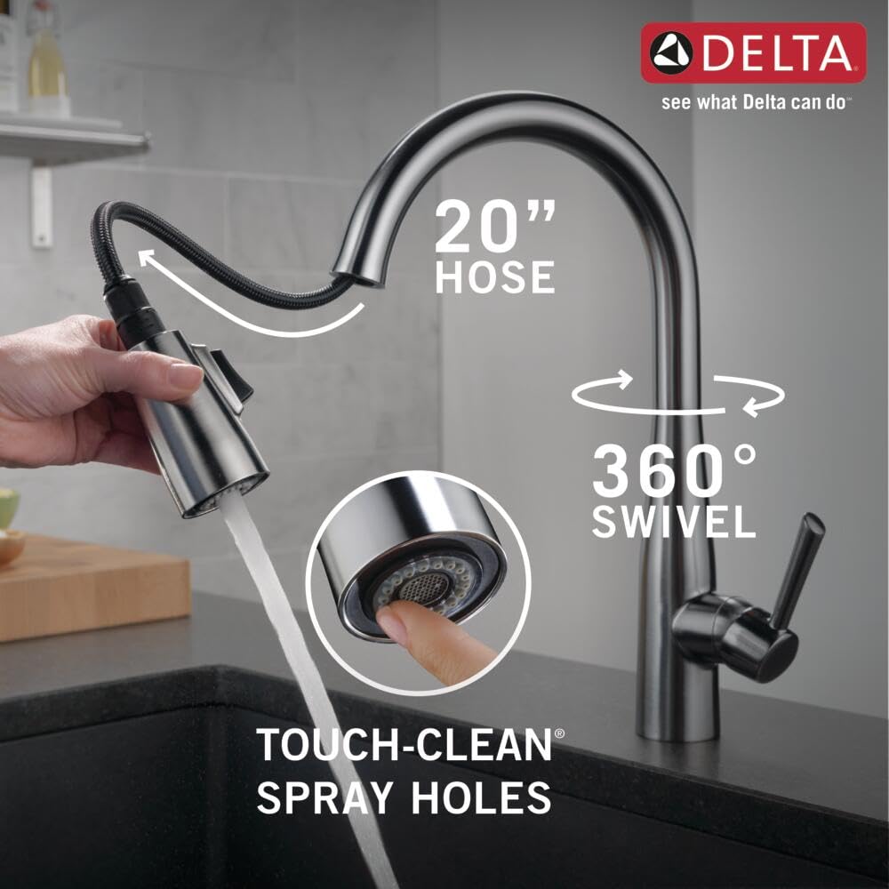 Delta Essa brushed nickel faucet with deck plate for clean 1 or 3-hole installation.