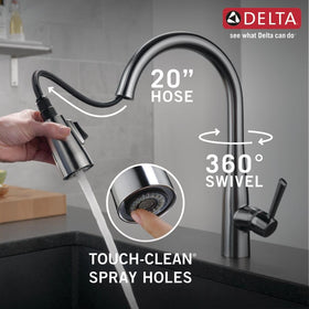 Delta Essa brushed nickel faucet with deck plate for clean 1 or 3-hole installation.