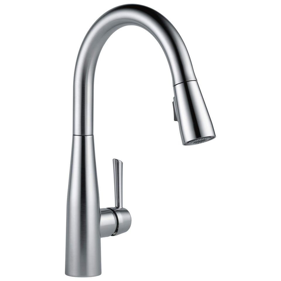Delta Essa brushed nickel faucet with pull-down spout for easy rinsing and targeted cleaning.