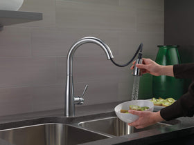 Delta Essa brushed nickel faucet with single-handle operation for one-hand control while cooking.