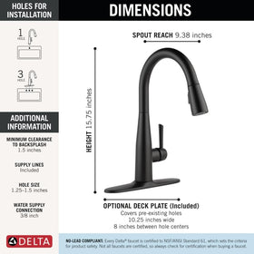 Delta Essa matte black faucet with deck plate included for flexible installation