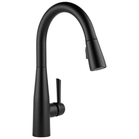 Delta Essa matte black kitchen faucet front view shows modern design for a stylish upgrade