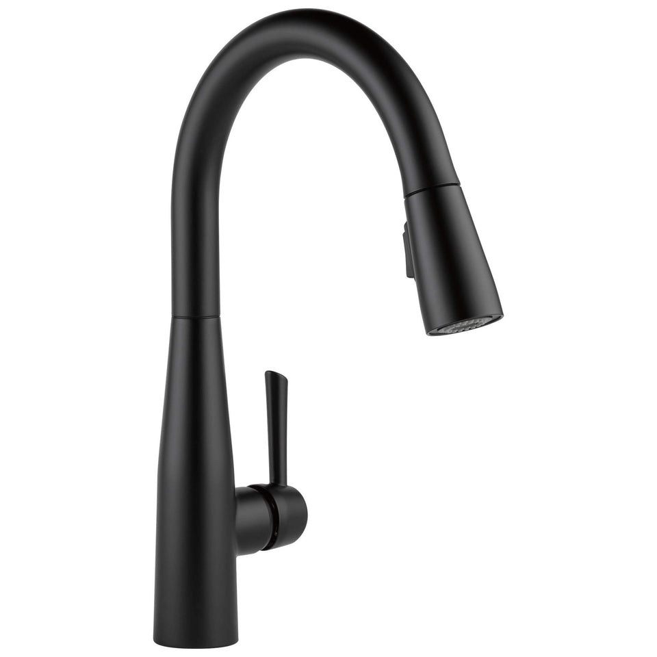 Delta Essa matte black kitchen faucet front view shows modern design for a stylish upgrade