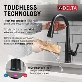 Delta Essa pull-down spray on a sleek faucet for flexible cleaning tasks