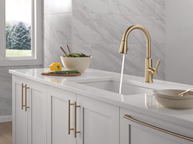 Champagne bronze Delta Finnridge faucet installed in a modern kitchen sink scene.