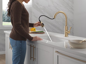 Delta Finnridge ProClean spray demonstrates wide fan spray for faster mess removal.