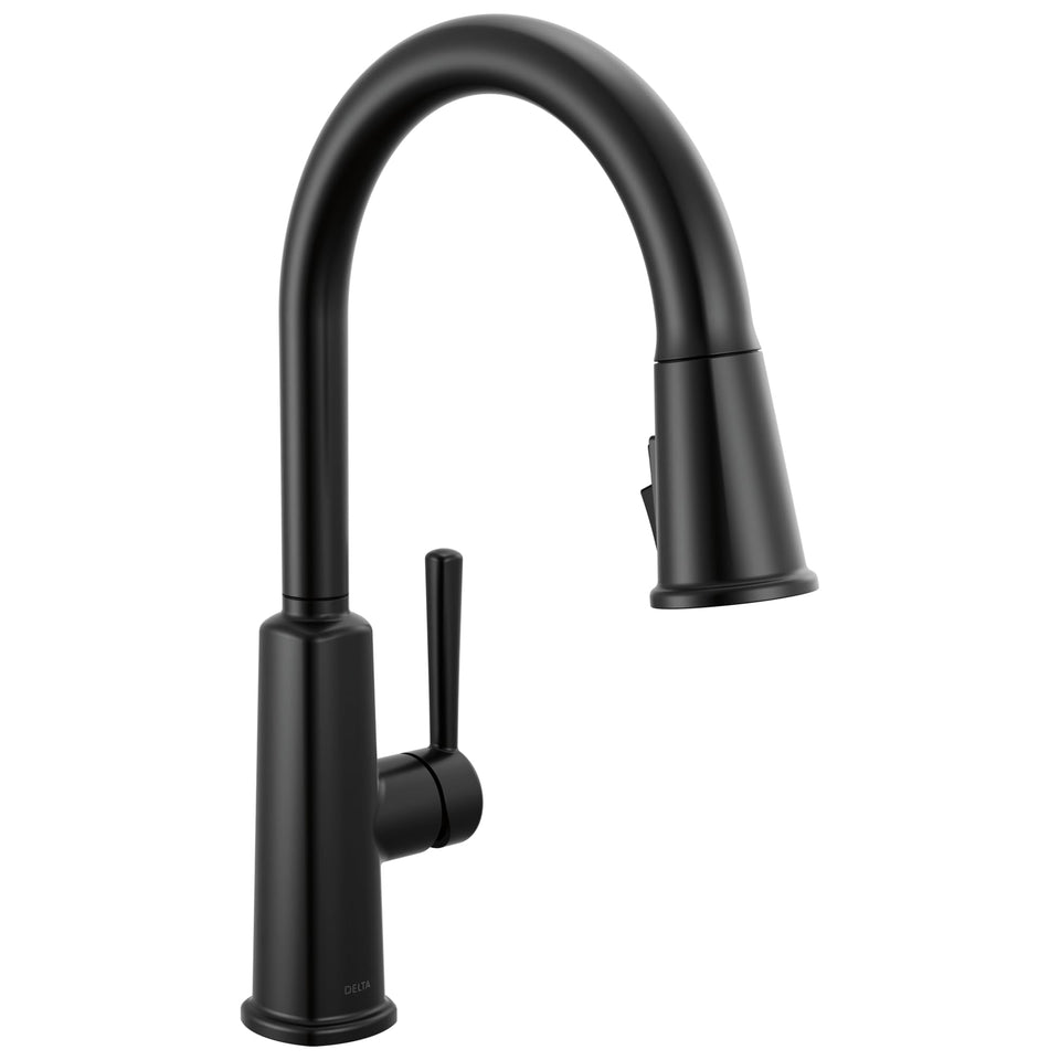 Delta Finnridge matte black faucet with pull-down sprayer for easy kitchen tasks