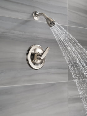 Delta Foundations 13 Series single-spray shower head delivering full-body coverage.
