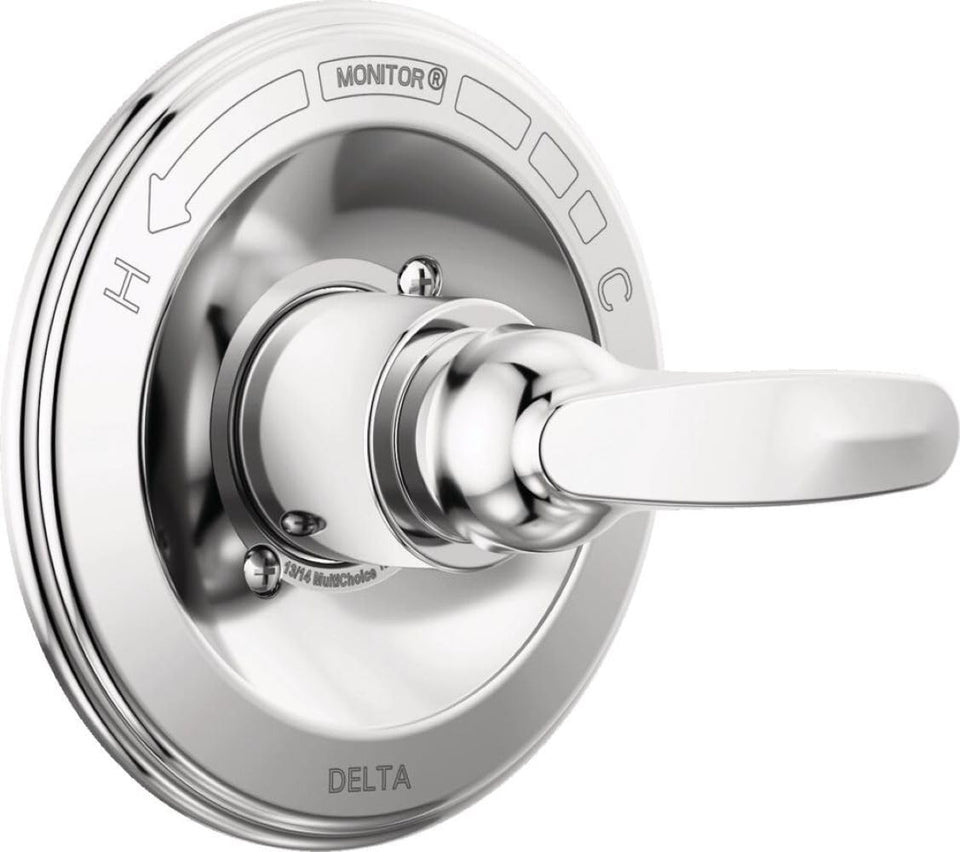 Delta Foundations 13 Series chrome trim with handle for a sleek bathroom upgrade.
