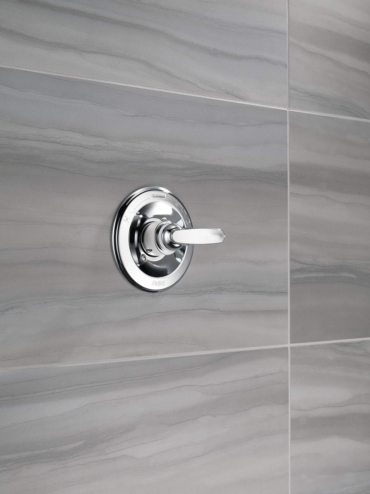Delta Foundations 13 Series chrome valve trim close-up, showcasing durable Brilliance finish.